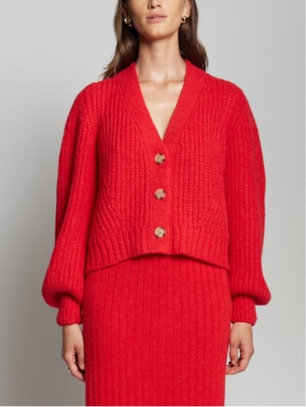 Eleven Six • Sara Feminine Blouson Sleeve Crop Cardigan, Scarlet Red